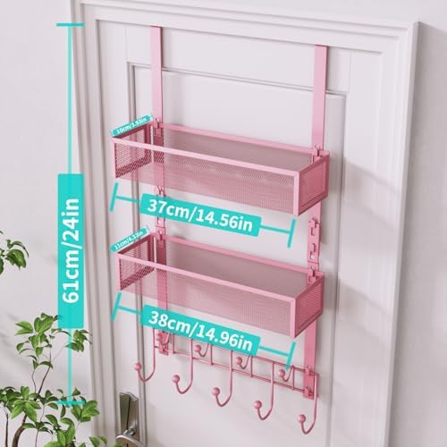 HapiRm Over The Door Hanger with Coat Hooks and 2 Baskets, Rustproof & Waterproof Pink Over The Door Hooks, Storage Organizer for Hats, Bathroom, Kitchen, Bedroom - Pink - Image 5