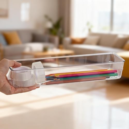 6 Pcs Large Clear Plastic Drawer Organizers Tray 12"x3" Storage Bins with 25 Pcs Non-Slip Pads for Makeup, Jewelries, Kitchen Utensils, Bathroom and Office - Image 4