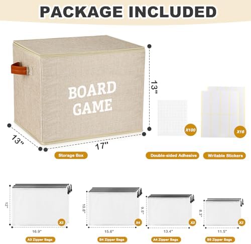 Board Game Storage Kit Include Storage Basket and 10pcs Zipper Bags, Board Game Organizer with Writable Stickers and Dispensing, Suitable for Puzzle, Document (1 Pack-Beige-Large) - Image 2