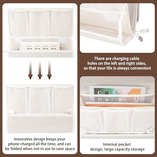 Bedside Caddy Organizer for Dorm Bed Rails with 7 Pockets, White - Image 6