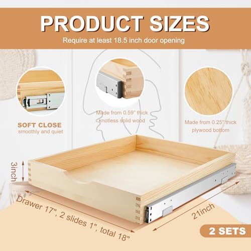Menkxi 2 Set Wooden Pull out Cabinet Organizer Fully Assembled Slide out Pantry Drawer with Gentle Close Storage Shelf Tray for Base Kitchen Under Sink Bathroom Accessory(Wood Color,18'' X 21'' X 3'') - Image 3