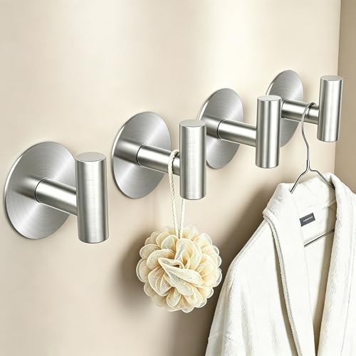 Heavy Duty Self-Adhesive Coat Hooks, Stainless Steel Towel Hooks for Bags, Towels, Robes, Hats, Aprons – No Drill Bathroom, Kitchen, Hotel Wall Hooks (Silver, 4 Pack) - Image 3