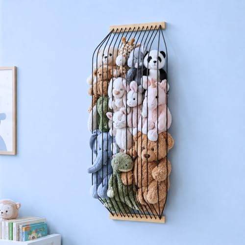 Stuffed Animal Storage Wood Soft Toy Organizer for Kids Room，Cute and Durable Wall or Door Mount Length Adjustable Hanging Stuffed Animal Toy Organizer Shelf for Nursery Play Room Black -Patent by VOMELON