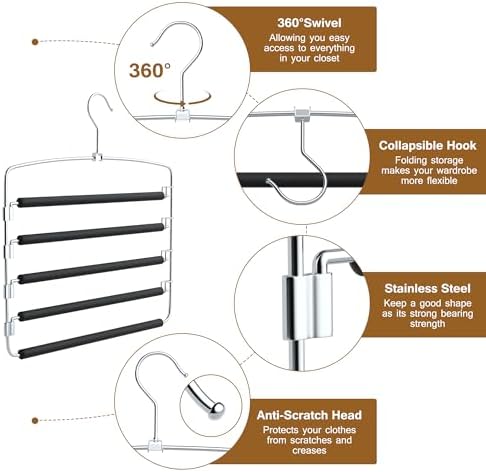 Pants Hangers, 6 Pack Anti-Slip Space Saving Hangers, 5 Layer Swing Arm Pants Hanger Stainless Steel with Non-Slip Padding, Closet Organizers & Storage for Pants Trousers Jeans Scarf - Image 3
