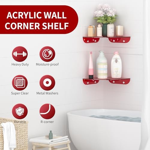 Sezanrpt 7x7 Inch Corner Shelf Wall Mount Set of 2, Red Acrylic Corner Floating Shelves, Corner Wall Organizer Shelf for Bathroom, Kitchen, Bedroom, Living Room, Dining Room, Office - Image 3