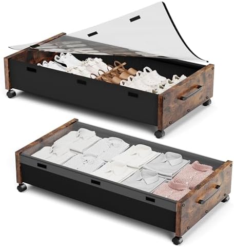 KITHELP Wooden Under Bed Storage with Wheels, Rolling Under the Bed Storage Bins with Removable Lid, Metal Under Bed Drawers for Clothes and Shoes in Bedroom or Living Room(Vintage Brown-2pack) by KITHELP
