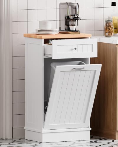 Betterhood 10 Gallon Tilt Out Trash Cabinet with Big Storage Drawer, Solid Wooden Trash Garbage Can Cabinet, Mid-Century Modern Recycling Cabinet & Laundry Sorter for Kitchen Dining Room, White by Betterhood