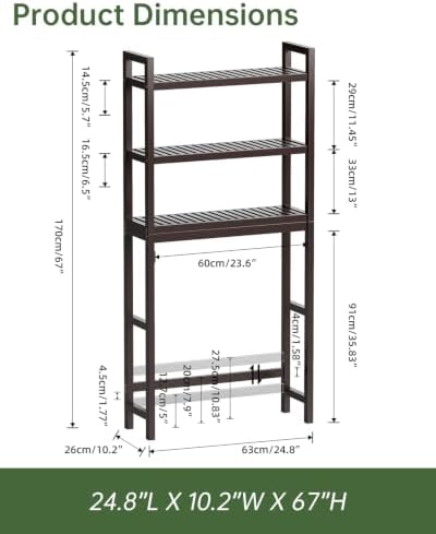 SMIBUY Bathroom Storage Shelf, Bamboo Over-The-Toilet Organizer Rack, Freestanding Toilet Space Saver with 3-Tier Adjustable Shelves (Dark Brown) - Image 2