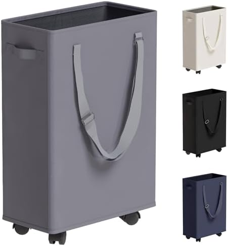 45L Slim Rolling Laundry Basket with Wheels & Adjustable Long Handles, Grey by TECHMILLY