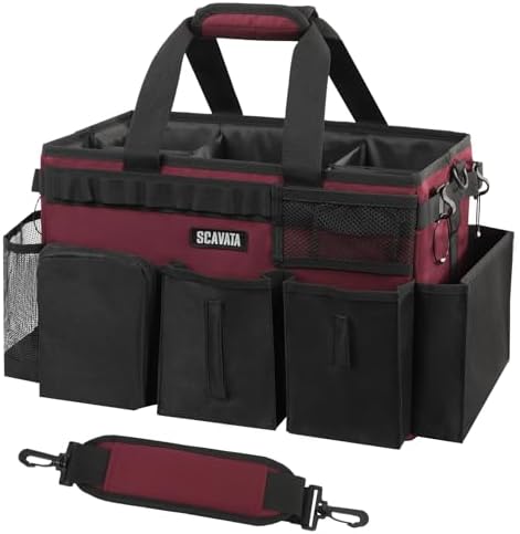 SCAVATA Wearable Cleaning Caddy Bag, Cleaning Caddy Supplies Organizer with Handle & Shoulder Straps for Housekeepers, Under Sink & Car Cleaning Tool Organizers with 4 Foldable Divider (Magenta) by Tidyyourlife