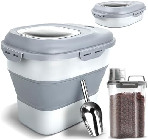 TIOVERY Dog Food Storage Container, Airtight Collapsible 13lb to 30lb Pet Food Container with Flip Top, Rolling Wheel, Scoop and 3L small container for Dog Cat Food and Dry Food of Rice, Flour by TIOVERY