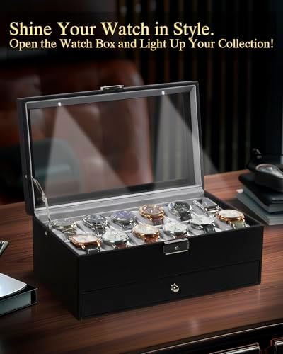 GUKA Watch Box 12 Slot Watch Display Organizer Leather Jewelry Case Drawer Glass Birthday for Men Women, Child Husband Dad GK-012BKGREY-LED-24 - Image 2