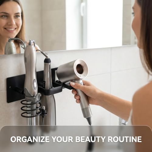 3-in-1 Wall Mount Hair Tool Organizer Hair Dryer Holder, Black - Image 5