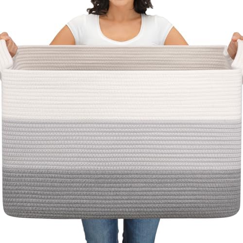 OIAHOMY Extra Large Blanket Basket, 110L Cotton Rope Woven Laundry Basket, Toy Bin for Baby Room, Container for Blanket Storage in Living Room, 24.8''×17.3''×15.8'', Gradient Grey by MasterofSpaceOptimization