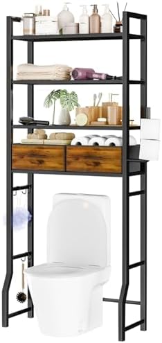 Simple Trending 4 Tier Over The Toilet Storage with Drawers, Heavy Duty Bathroom Stand Organizer Metal Shelves for Laundry, Black by SimpleTrending