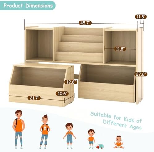 EXPERLAM Solid Wood Kids Bookshelf and Toy Storage Organizer, 3-in-1 Montessori Bookcase with Storage Cubbies and 2 Rolling Toy Bins, Toddler Bookshelf for Kids Room, Playroom, Nursery - Image 2