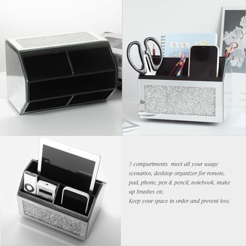 360 Rotating TV Remote Control Holder Storage Caddy for Pad Phone Pen and Pencils, Makeup Brush, Silver Crushed Diamond Desk Organizer for Bedroom Livingroom - Image 4
