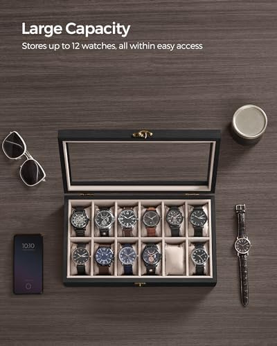 SONGMICS 12-Slot Wooden Watch Box, Display Case with Large Glass Lid - Image 4