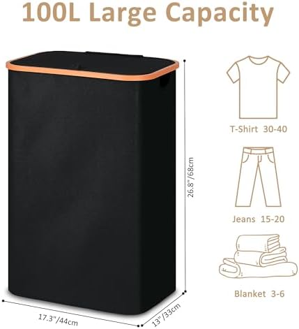 Vincona Slim Laundry Basket with Lid, Narrow Dirty Clothes Hampers for Laundry with Handle, Skinny Laundry Bin for Laundry Room, Dorm, Bedroom and Bathroom, 26.4 Gallon (100L) Black - Image 3