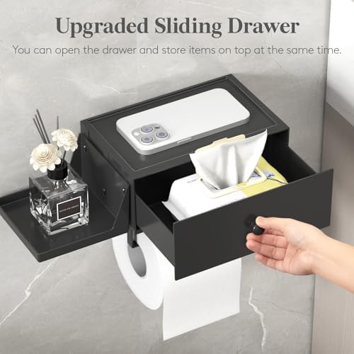 Lifewit Toilet Paper Holder Wall Mount with Shelf & Drawer, Black, 1 Pack - Image 4