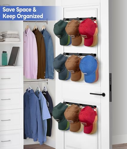 KIMBORA 6 Packs Hat Rack for Wall, Hat Organizer for Baseball Caps Holds 54 Hats, 3 Mounting Options Hat Hook Hanger, Strong Baseball Hat Holder Storage, Cap Display for Door, Room, Closet (Black) - Image 6