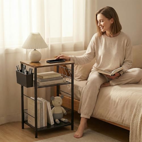 ECOLOVI Small 3 Tier Printer Stand for Under Desk, Height Adjustable Shelf Printer Table with 3 S-Hooks & Basket, Heavy Duty Industrial Storage Shelf for Home Office (Rustic Brown) - Image 6