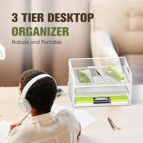 DALTACK 3 Tier Paper Organizer for Desk, Sliding Paper Trays, White - Image 2