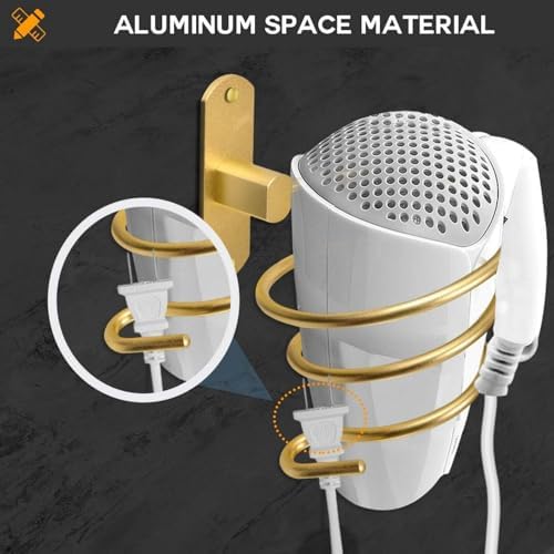 YWHWXB Hair Dryer Holder,Wall Mounted Spiral Hair Dryer Shelf,Bathroom Stainless Steel Hair Dryer Bracket,Self-Adhesive Hair Dryer Storage Rack (Gold) - Image 4