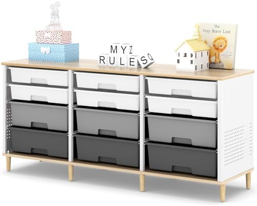 TOOLF 12 Drawers Storage Cabinet with Wooden Top and Plastic Bins, Grey by TOOLF