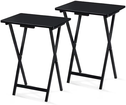 PJ Wood - Folding TV Tray Table Set of 2 - Black Collapsible Snack Tables by PJWood