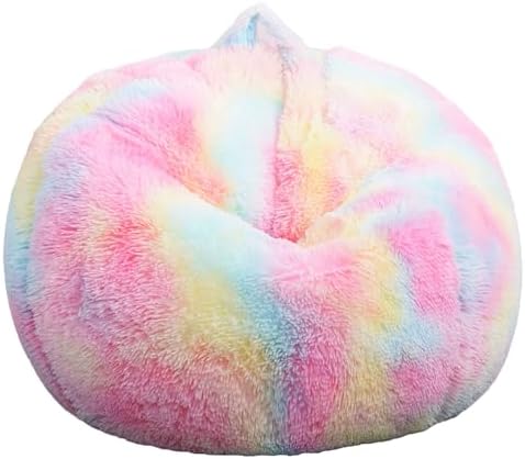 Fluffy Stuffed Animal Storage Bean Bag Chair Cover (No Filler), Faux Fur Comfy Bean Bag Cover for Organizing Plush Toys or Textile, for Adults Teens Kids Girls, Rainbow by Unknown