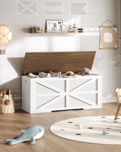 CHOEZON Storage Chest, 43.3" Toy Chest Storage, Farmhouse Storage Bench with Safety Hinge, Storage Trunk, for Bedroom, Living Room, Walnut and White MCW11WL - Image 6