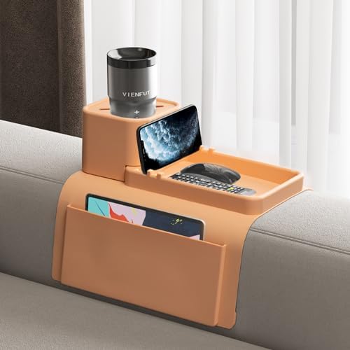 Couch Cup Holder Tray, VIENFUT Silicone Anti-Slip Sofa Armrest Tray with Side Pockets, BPA-Free Anti-Spill Couch Drink Holder for YETI, Remote, Snacks, Cellphone and iPad, Ideal Gift (Peach) by VIENFUT