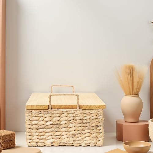 Handmade Water Hyacinth Wicker Baskets with Wooden Lid (Small) - Image 6