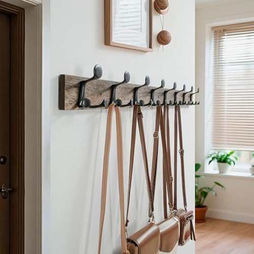 WEBI Coat Rack Wall Mount,43" Solid Wood Coat Hooks Wall Mounted Coat Hanger,16" Hole to Hole,Heavy Duty Hook Rack Rail,8 Triple Hooks for Hanging Coats,Jacket,Clothes,Hat,Backpack,Weathered Brown - Image 2