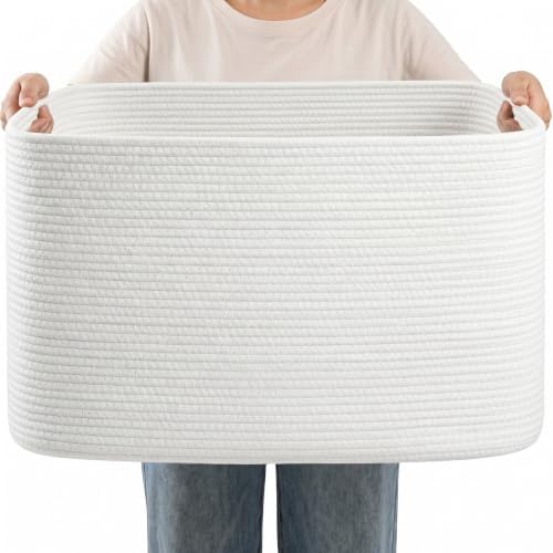 Large Laundry Baskets/Hamper, 25”x16”x16” Rectangle Woven Baskets for Toy Storage, Baby Blanket Basket in Living Room,Shelf Basket With Handle,Large White by Hobasket