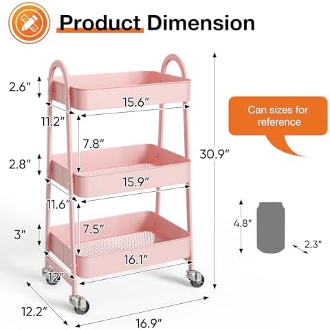 NEWBULIG 3-Shelf Metal Rolling Storage Utility Cart with Lockable Wheels - Image 4