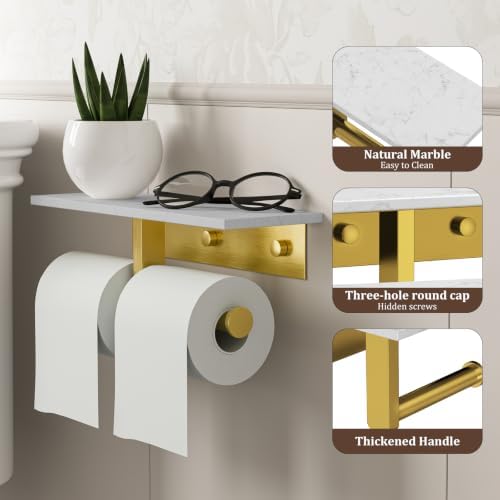 BWE Toilet Paper Holder with Marble Shelf, Toilet Paper Roll Holder Wall Mounted, Toilet Paper Roll Holder with Phone Shelf 304 Stainless Steel Tissue Holder for Bathroom Washroom (Double Gold) - Image 2