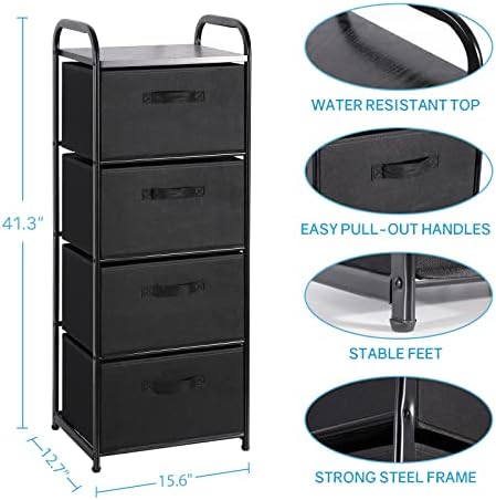 MAX Houser 4 Drawer Fabric Dresser Tall Storage Tower, Dresser Chest with Wood Top, Vertical Nightstand Side Organizer Unit with Metal Frame for Closets Bedroom Nursery Room Hallway(Black) - Image 3
