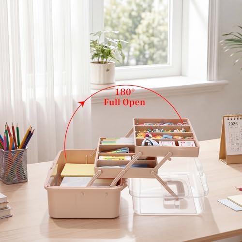 BTSKY 3-Layer Foldable Craft Organizer, Portable Tackle Box with Handle & Adjustable Dividers, Multi-Purpose Toolbox for Art Supplies, Sewing, Medicine, 12.2x6.7x5.7 Inch, Blush Pink - Image 3
