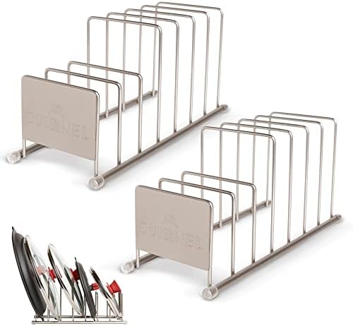 Cuisinel Lid and Dish Organizer Rack - 2-Pack Satin Nickel Kitchen Storage Organization Stand - Plate Holder, Pan/Pot Covers, Cutting Board and Cookie Sheet Divider - 7-Tier Cabinet/Counter Display by Cuisinel