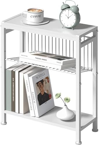 End Table for Small Space, 3-Tier Narrow Side Table with Magazine Holder,Small Nightstand, Skinny Snack Couch Table in Living Room, Bedroom Study and Balcony (White) by HOME
