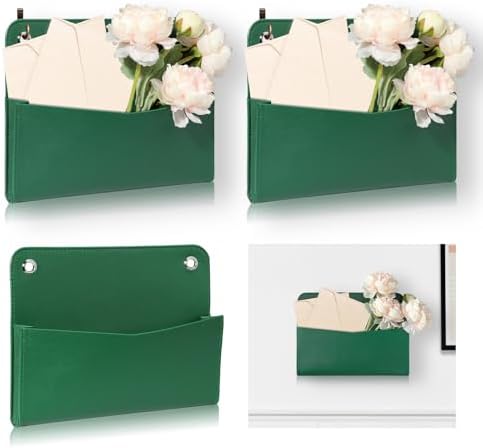 3 PCS Wall Mount PU Leather Mail Holder Green Faux Leather Letter Holder Stylish Wall Hanging Mail Storage 2 Ring Wall Mail Organizer for Flowers Envelope Key Notebooks Home Office Decor by Unknown
