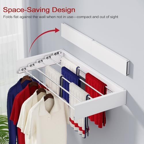 Wall Mounted Drying Rack 31.5", Foldable Laundry Drying Rack with Stainless Steel Rods, Retractable Laundry Space Saver for Indoor & Outdoor Use, Include Wall Template - Image 2