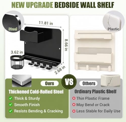 Floating Bedside Wall Shelf, Metal Wall Organizer with Detachable Cup Holde - Image 2
