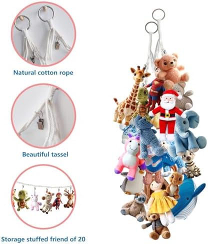 2 Pcs 80” Cotton Hanging Storage Chains for Stuffed Animal, Each Boho Display Chain Comes with 20 Metal Clips, Nursery Hanging Storage Organizer for Wall or Corner Nursery playroom (Beige) - Image 4