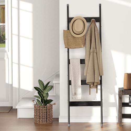 Blanket Ladder, 5-Tier Towel Holder with 4 Removable Hooks, Farmhouse Wall Leaning Decorative Rack Shelf, Wooden Towel Display Rack, Quilt Ladder for Living Room, Bedroom, Black - Image 2