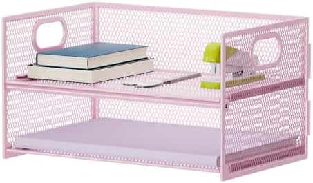 Marbrasse 2 Tier Paper Organizer Letter Tray, Mesh File Organizer with Handle, Paper Sorter Desk Organizer for Home Office Supplies - Pink by Marbrasse