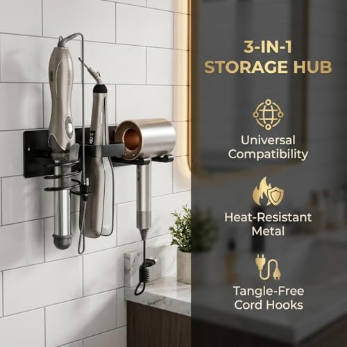 3-in-1 Wall Mount Hair Tool Organizer Hair Dryer Holder, Black - Image 2