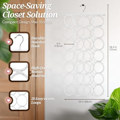 Flexzion Scarf Organizer for Closet - 28 Slot Scarf Hanger Hijab Organizer, Space Saver for Socks, Shawls, Ties, Towels, Belts, Multi Purpose Hanging Rack Storage, 2 Pack White - Image 7